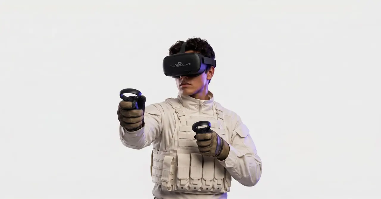 Person wearing VR headset and tactical vest holding motion controllers against a white background.