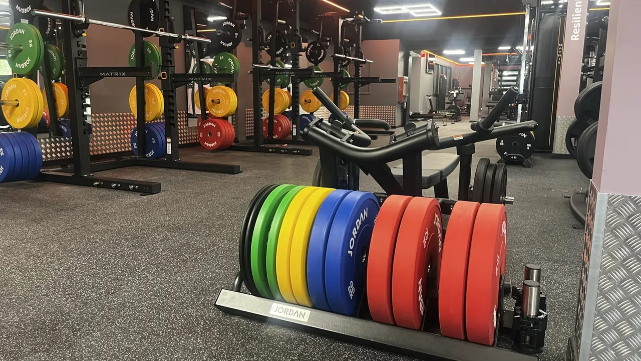 Modern gym interior with coloured weight plates on rack, barbell equipment, and weight machines in background.