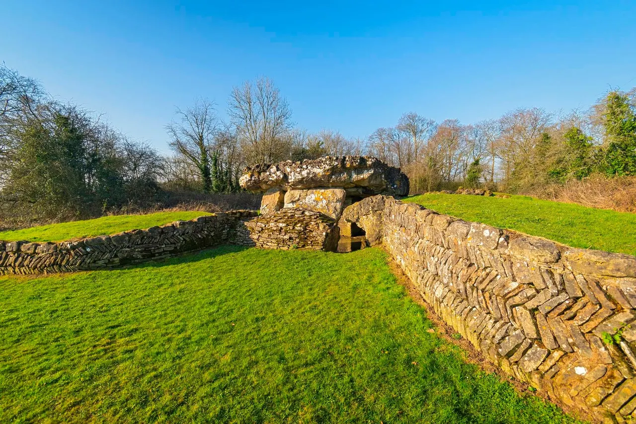Ruins of a stone structure with a passageway set in green fields surrounded by bare and evergreen trees under a clear blue sky.