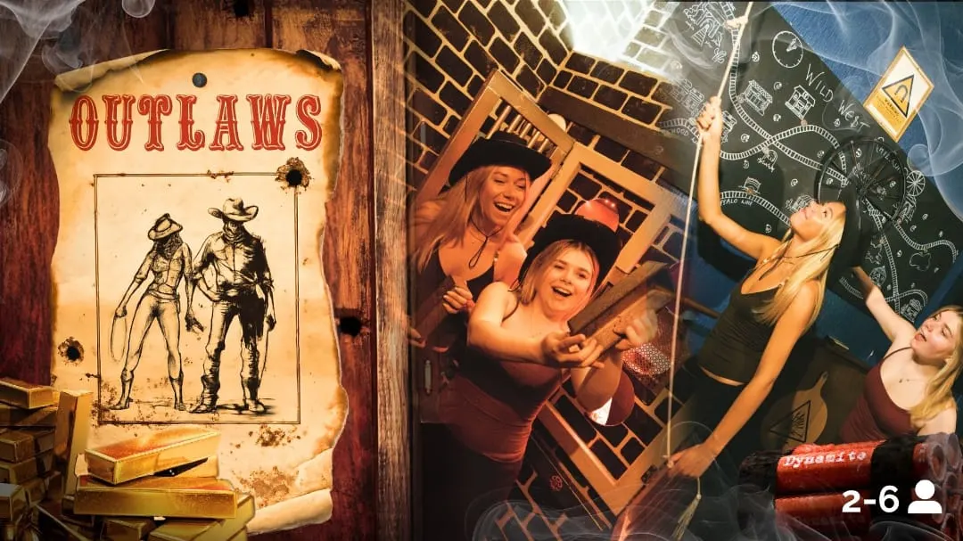 A group of people laughing and playing together inside a western-themed escape room with an "Outlaws" sign.