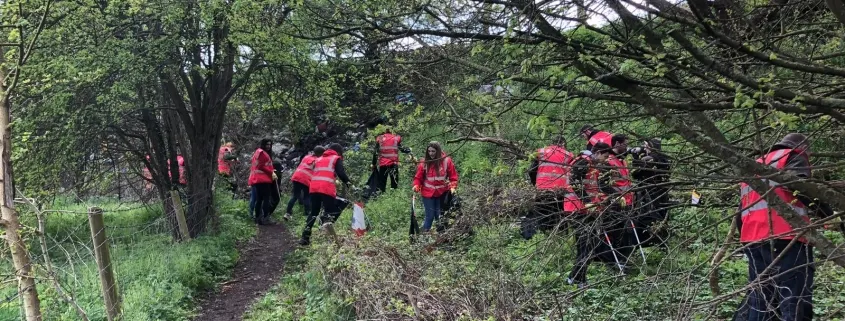 Group of volunteers wearing high-visibility jackets clearing overgrown vegetation along a woodland path.