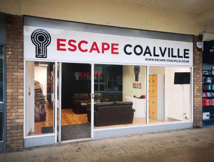 Escape Coalville shopfront and reception with sofas and yellow lockers at Belvoir Shopping Centre