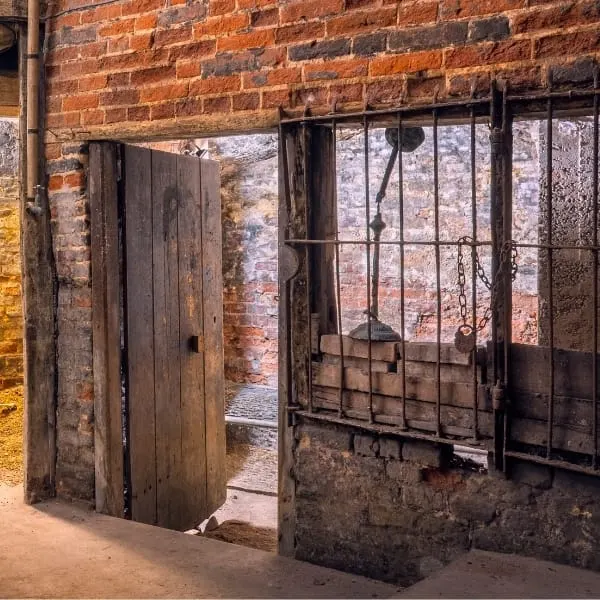 Historic industrial interior with aged brick wall, wooden door, and metal-barred window or gate structure.