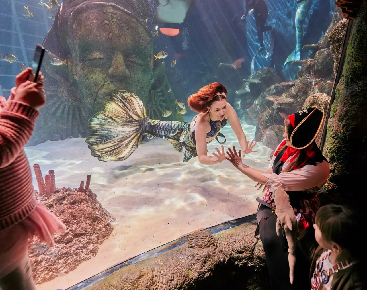 Performers in mermaid costumes swimming underwater in an aquarium tank with sunken ruins and fish.