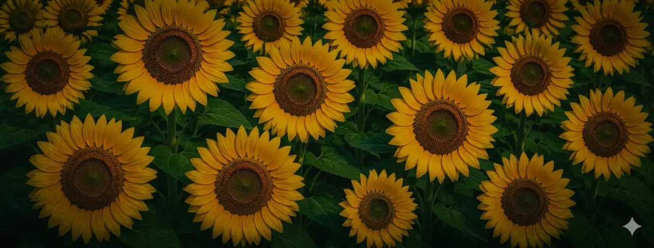 A dense field of sunflowers with bright yellow petals and brown centres among green foliage.