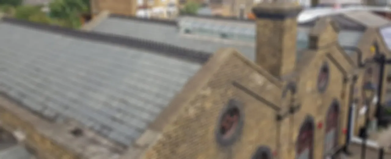 Aerial view of stone historic buildings with slate roofs and chimneys in an urban setting.
