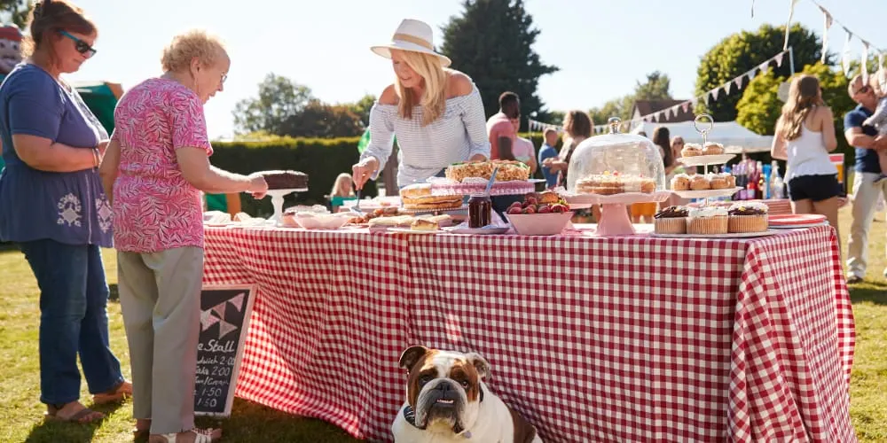 Outdoor garden party with guests sampling cakes and refreshments from a red gingham table, a dog sitting nearby.