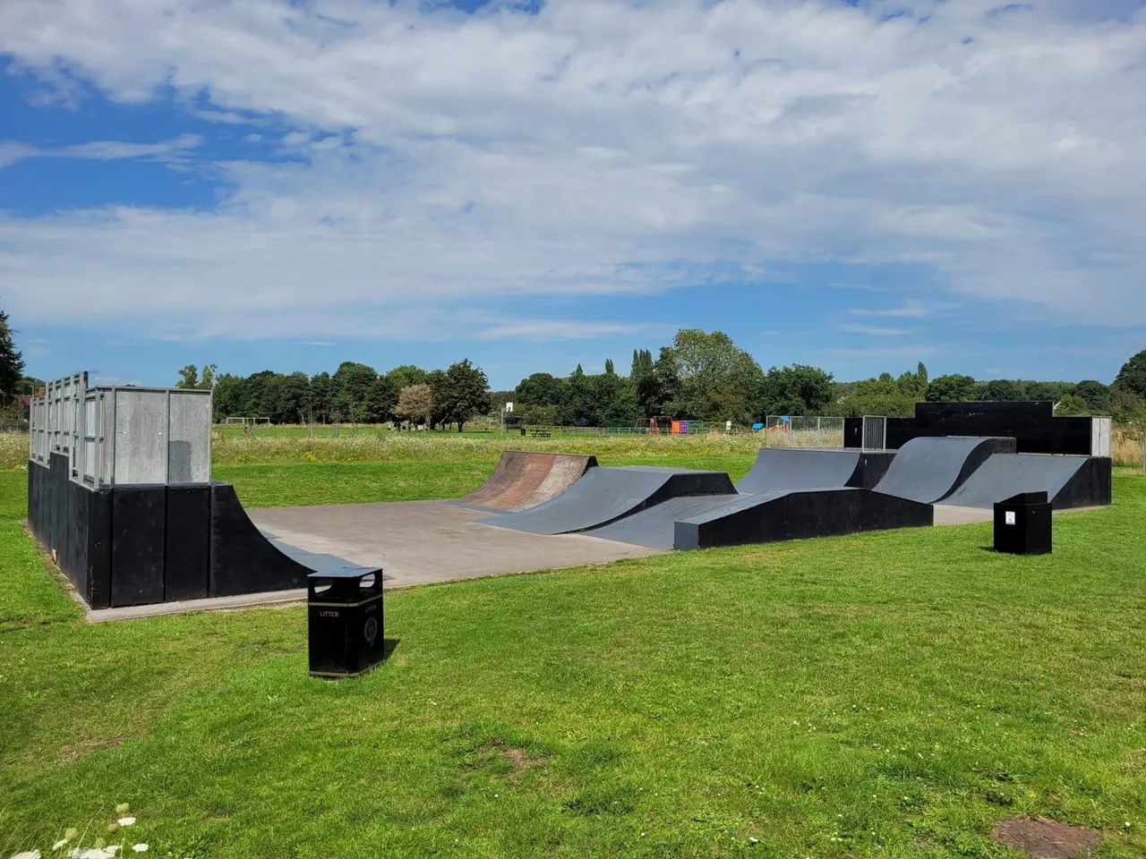 Outdoor skate park with ramps and curves on concrete surface in rural field setting.