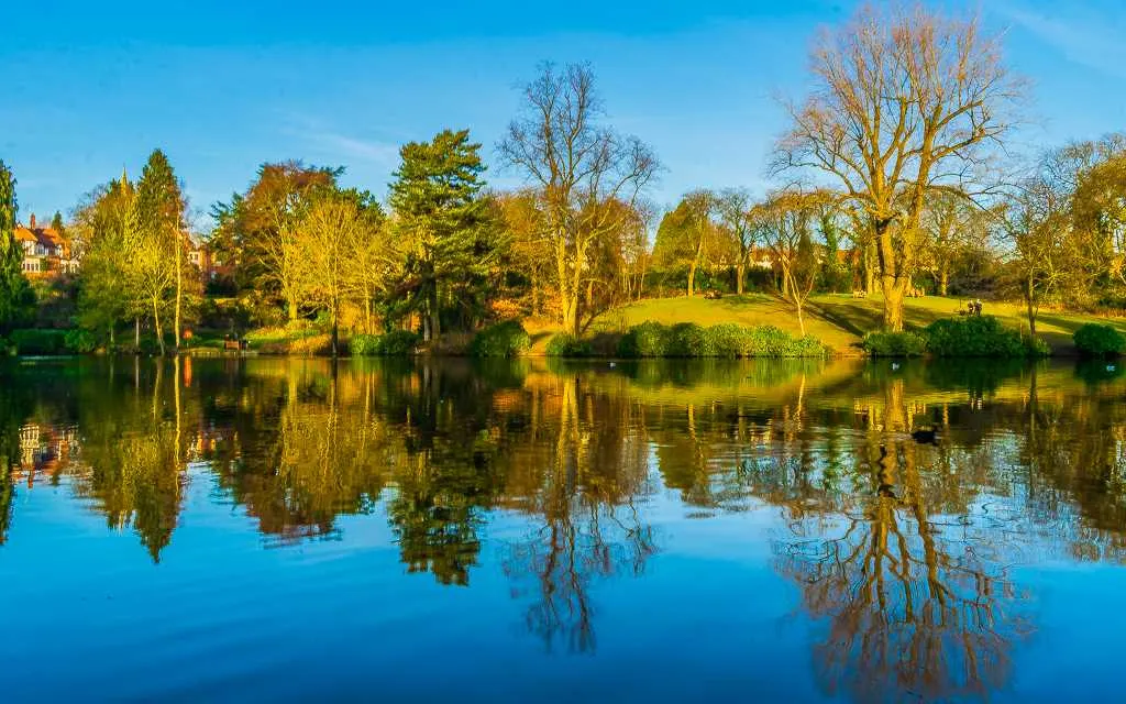 Calm river with trees reflected in water, green parkland and houses visible beyond on a sunny day.