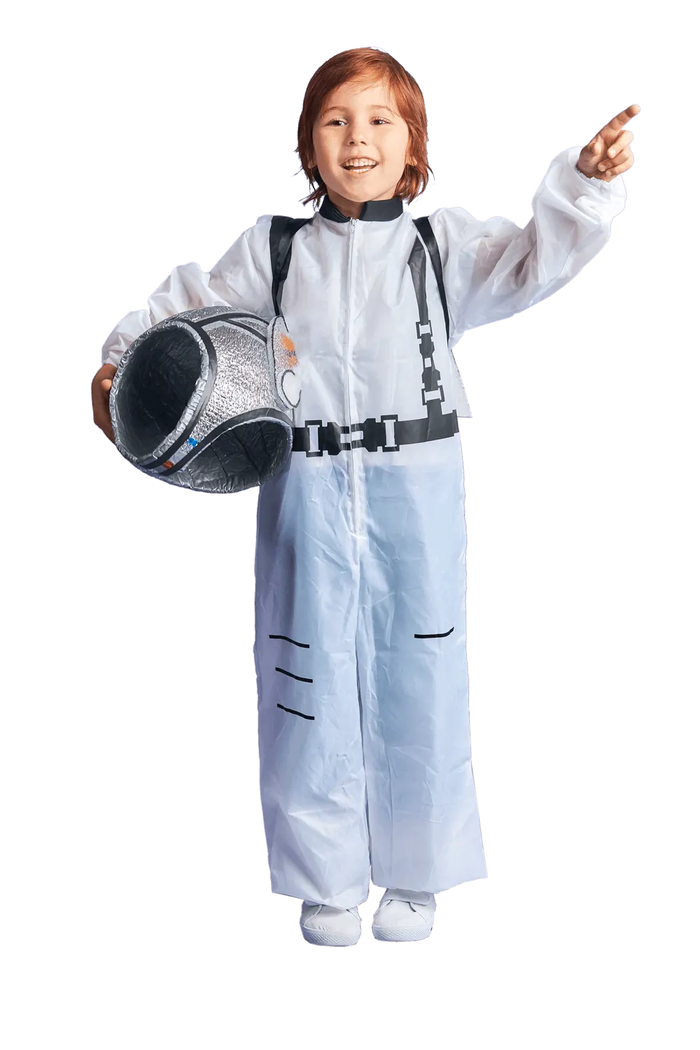 Child wearing an astronaut costume holding a helmet and pointing, smiling at the camera.