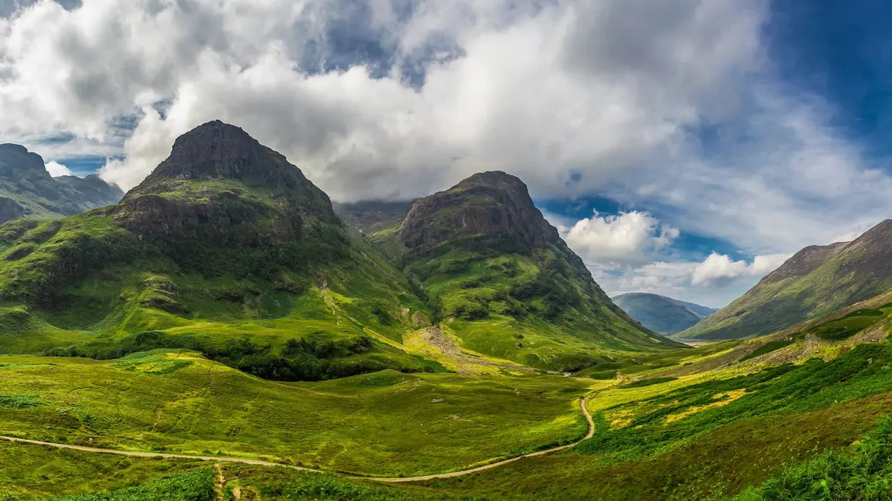 A scenic Highland valley with distinctive peaked mountains, green moorland, winding road and white clouds overhead.