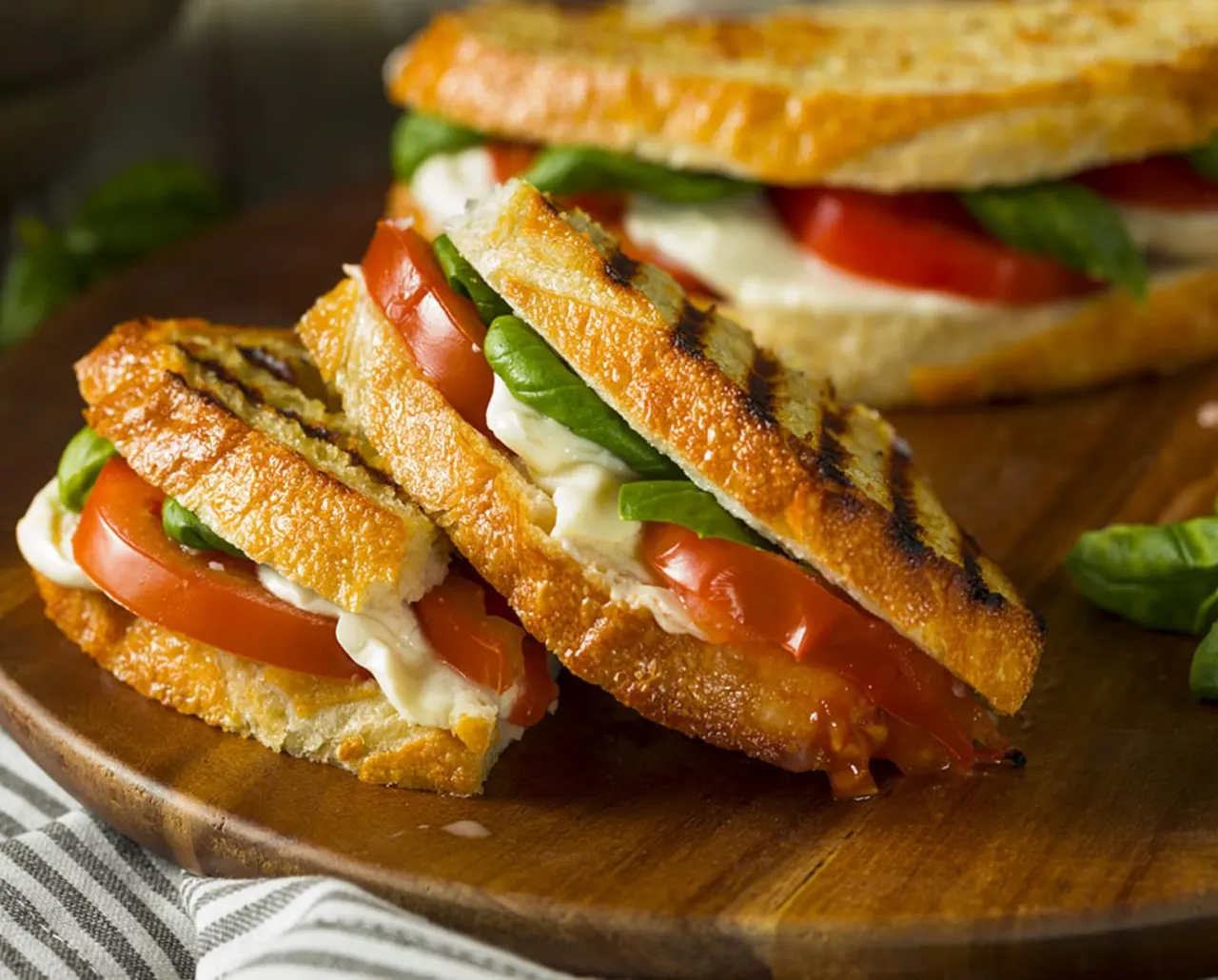Toasted sandwiches with tomato, cheese and salad leaves on a wooden board.
