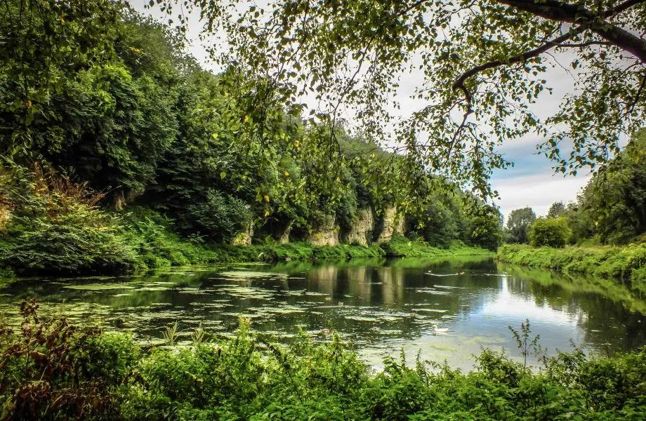 Limestone gorge and lake at Creswell Crags with wooded cliffs