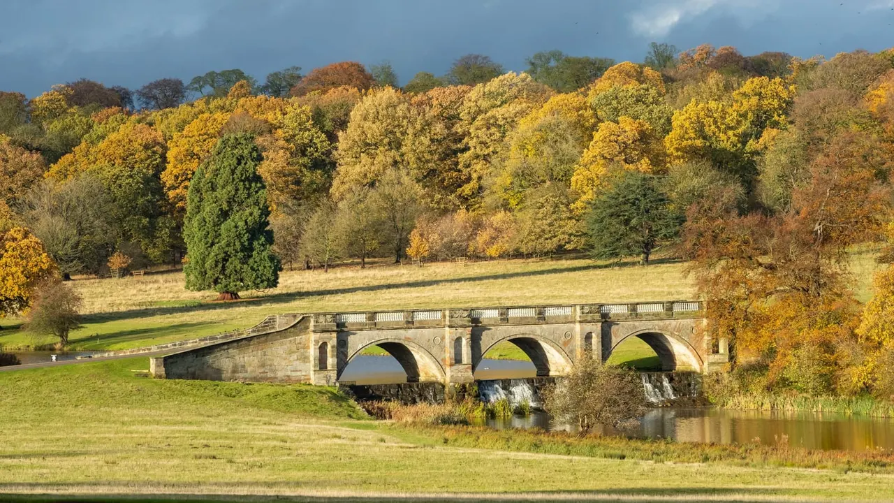 Stone bridge with three arches spanning a river in autumn parkland with golden woodland in background.