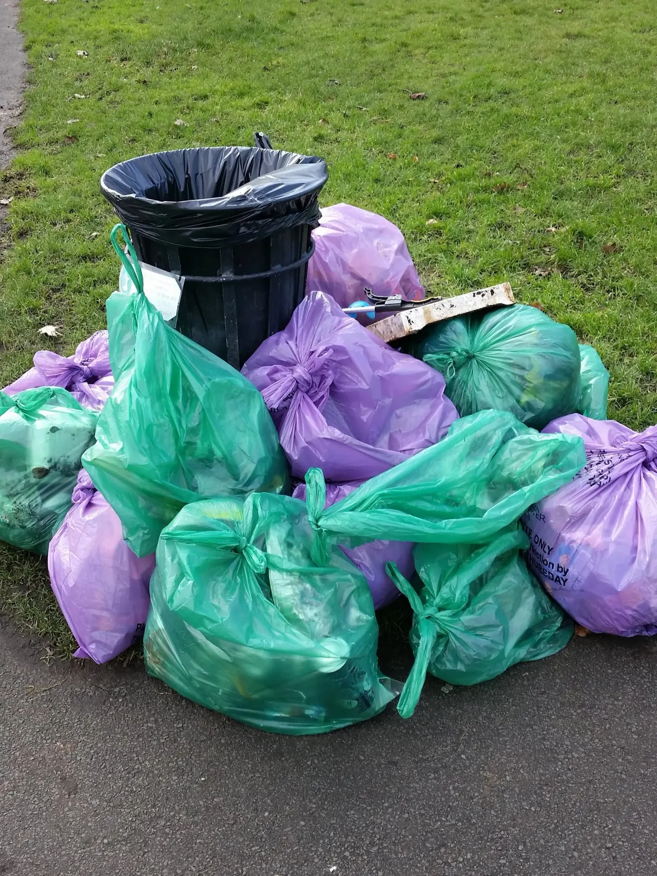 A collection of full rubbish bags in green and purple plastic gathered on tarmac beside grassland.