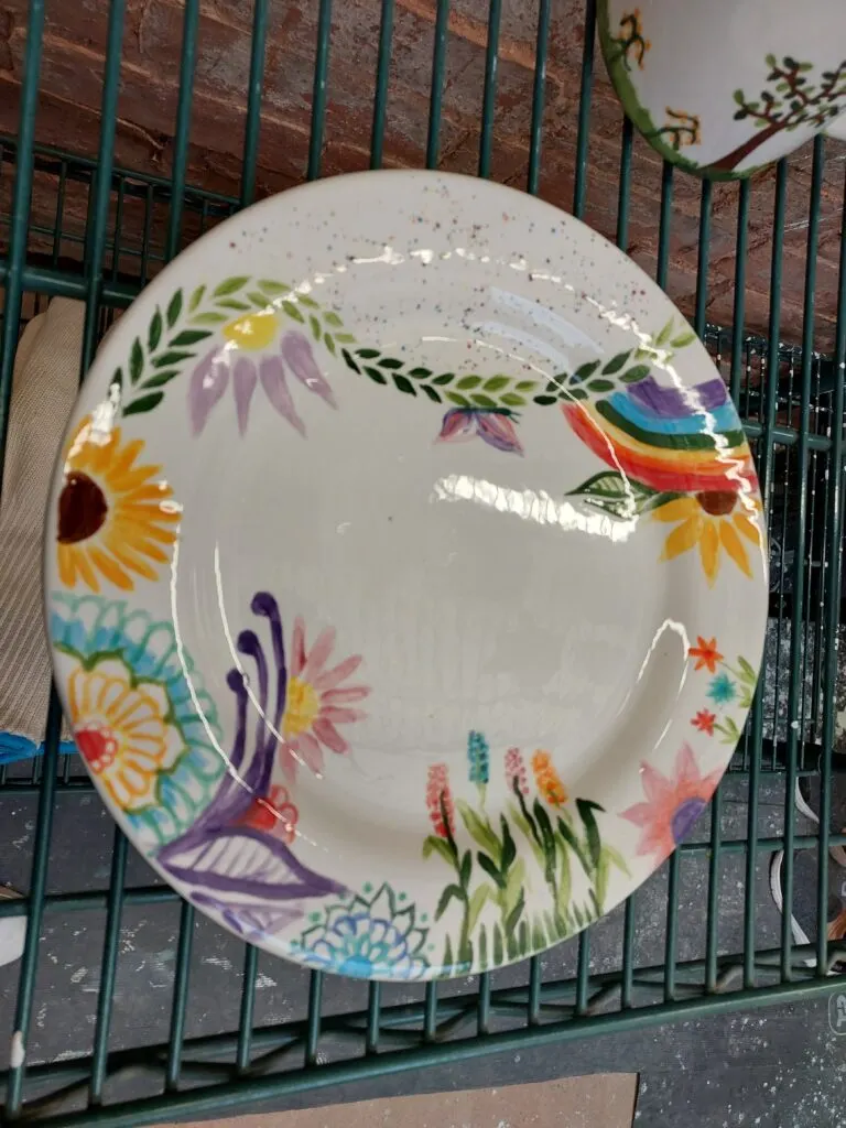 Decorative ceramic plate with hand-painted flowers, leaves and rainbow design sitting on a wire shelf.