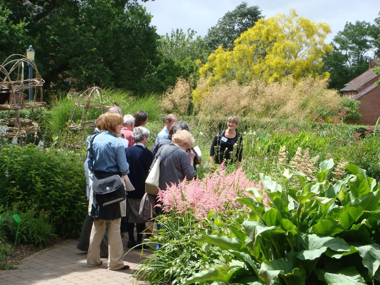A group of visitors walk through a lush garden path bordered by flowering plants, shrubs and trees on a sunny day.