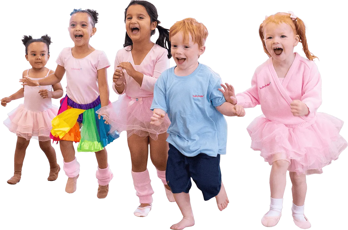 Children in babyballet kit running forwards having fun in class