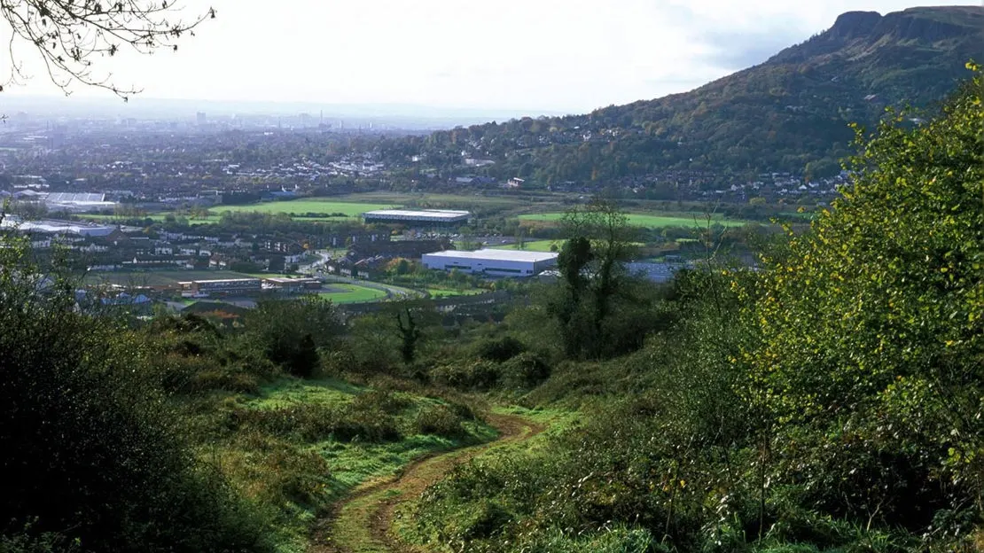 Wooded hillside path overlooks a green valley with distant urban sprawl and mountains under cloudy sky.