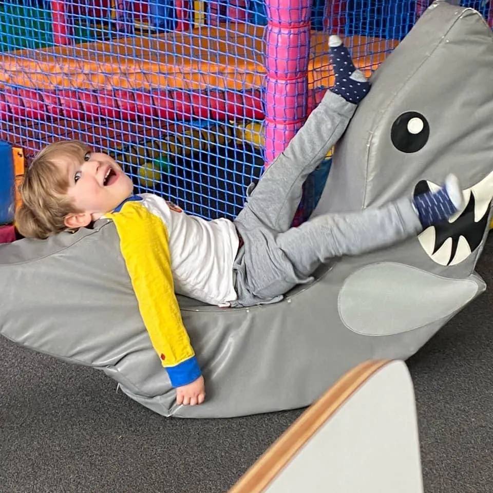 Small child playing on a grey shark-shaped soft play structure with colourful netting behind.