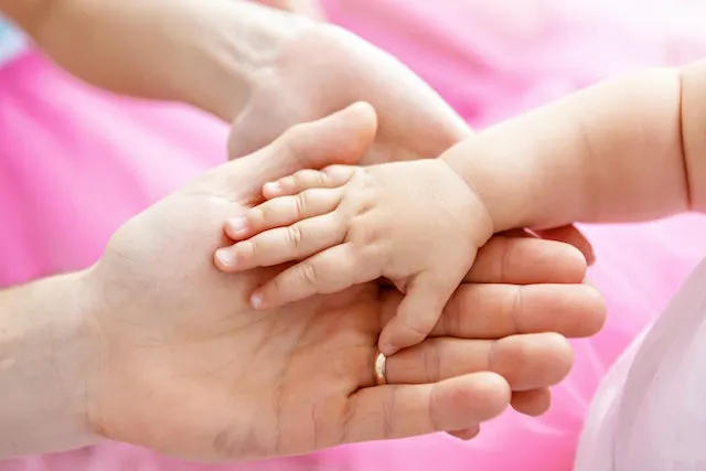 Adult and baby's hands together on pink background.