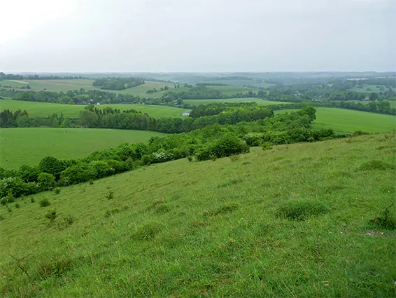 Rolling green hillside with expansive countryside views of patchwork fields, woodlands and distant hills under overcast sky.