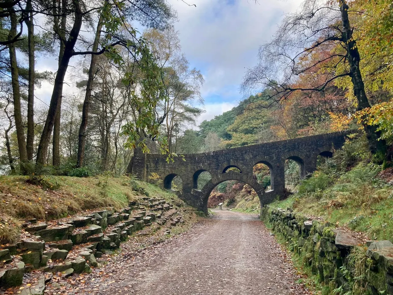 Woodland path with stone walls leading toward a multi-arched stone viaduct bridge surrounded by autumn trees.
