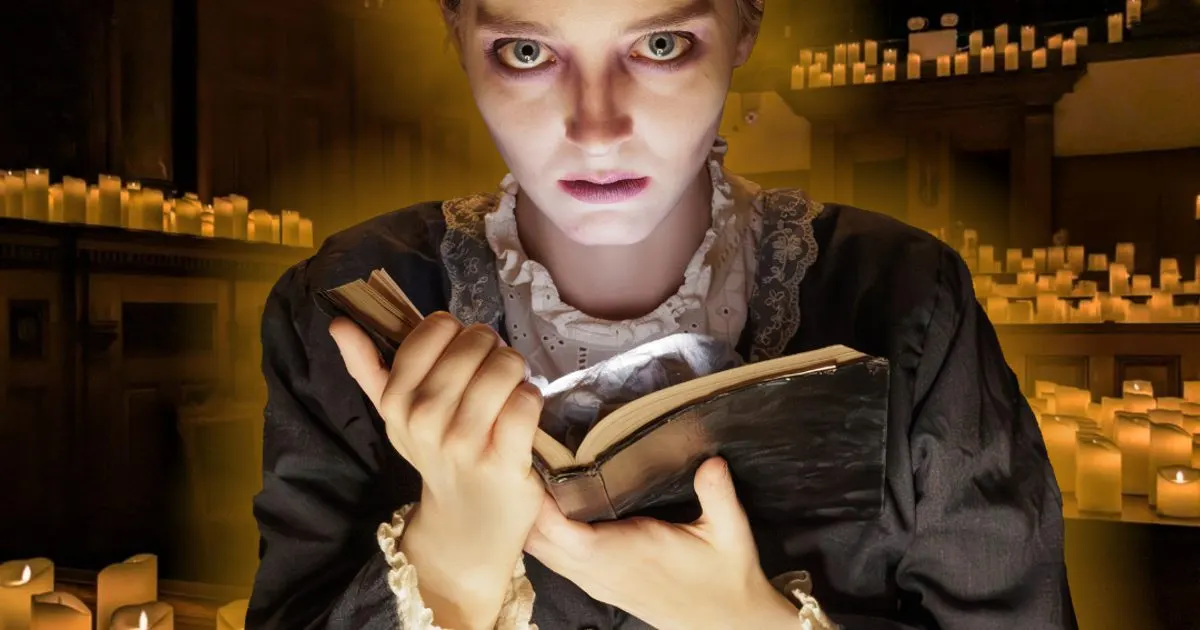 Victorian figure with a glowing book in candlelit courtroom art