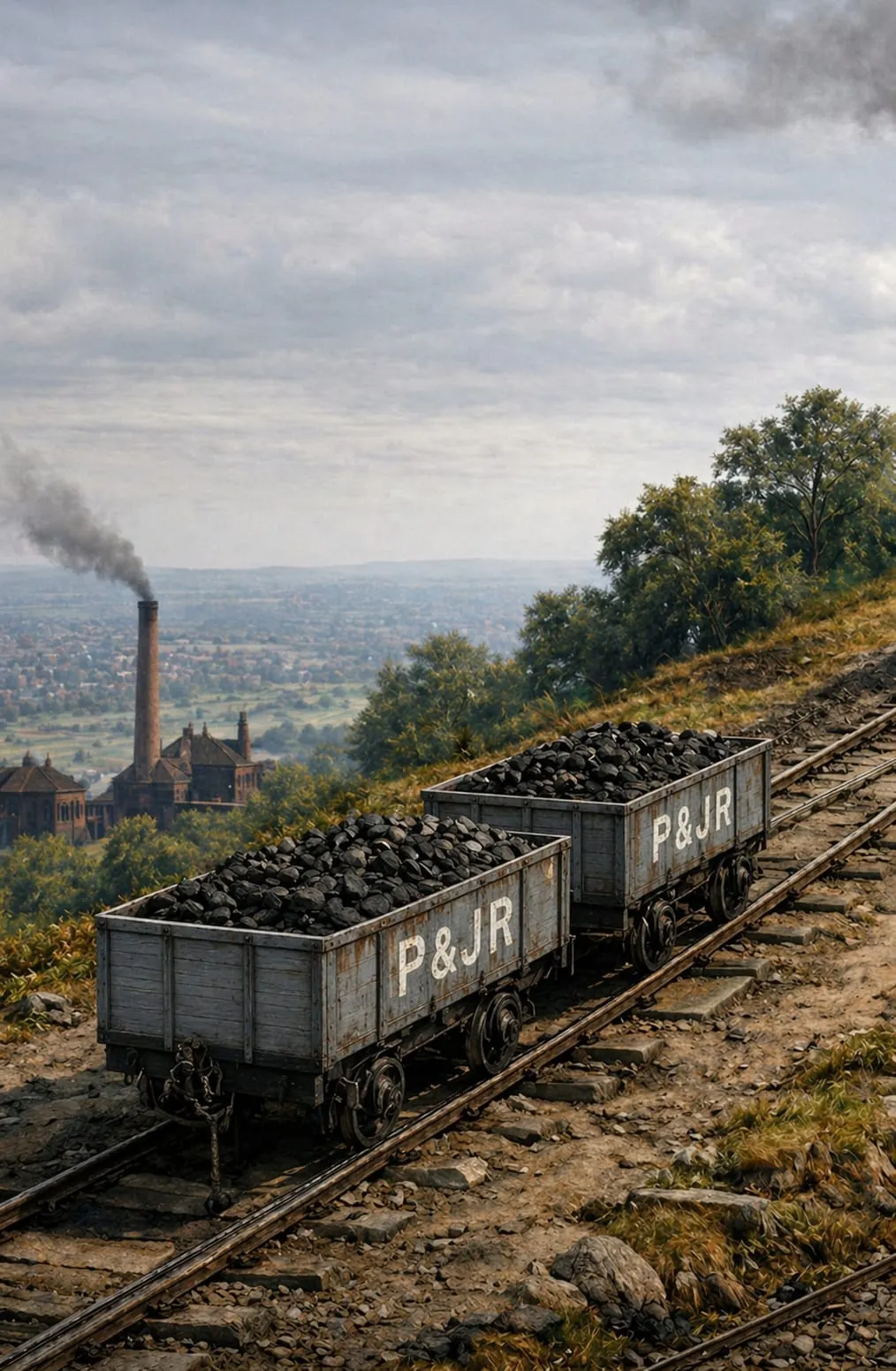 Coal-laden railway wagons on tracks overlooking a valley with a colliery chimney and industrial buildings below.