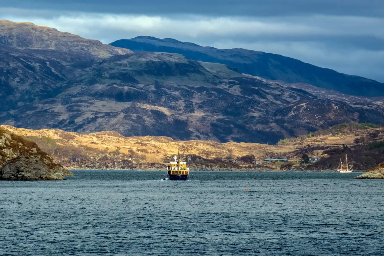 Yellow and black ferry boat on water with mountains and coastal settlement in background.