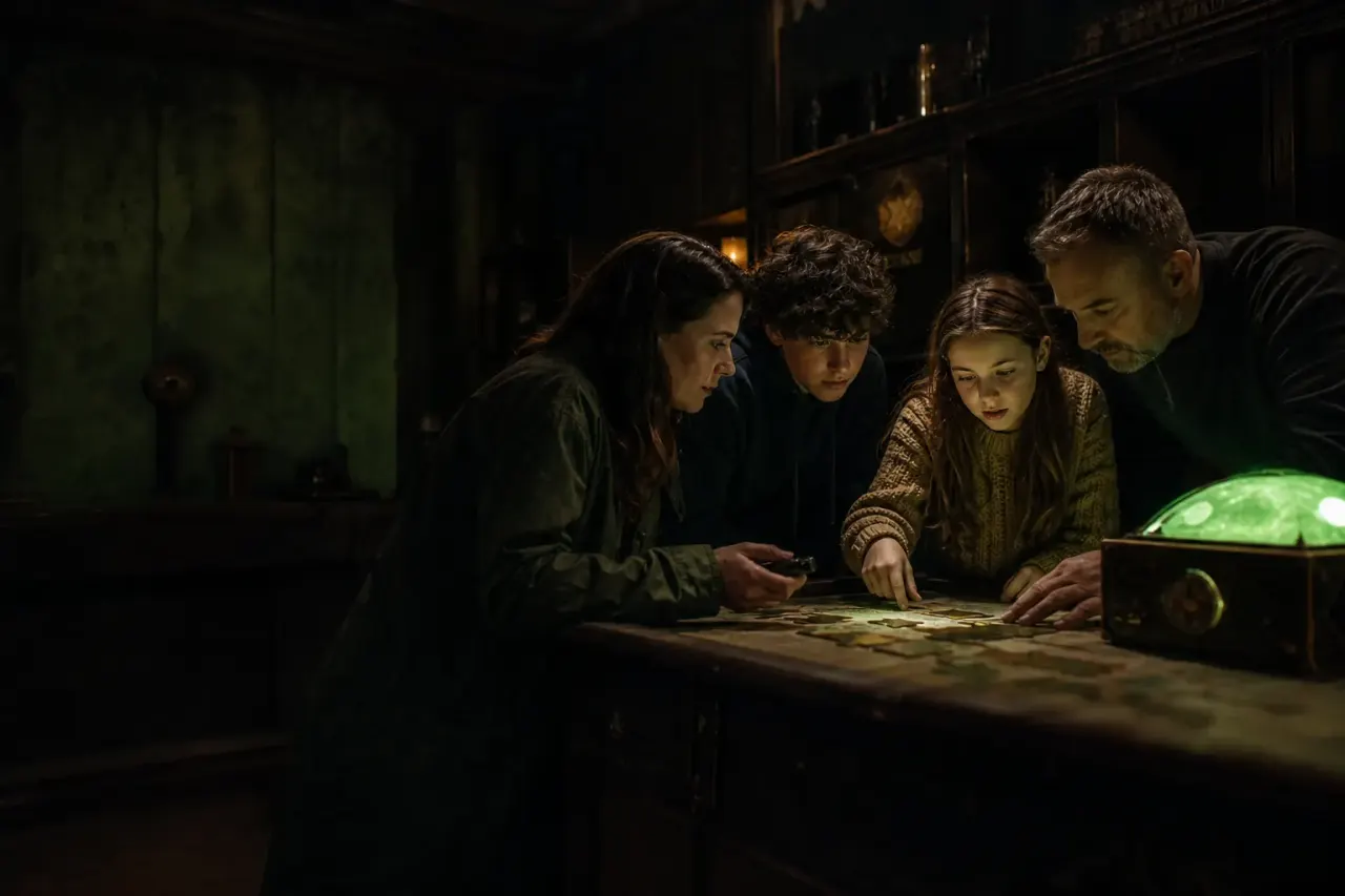 Family of five gathered around a table examining a map under green atmospheric lighting in a darkened room.