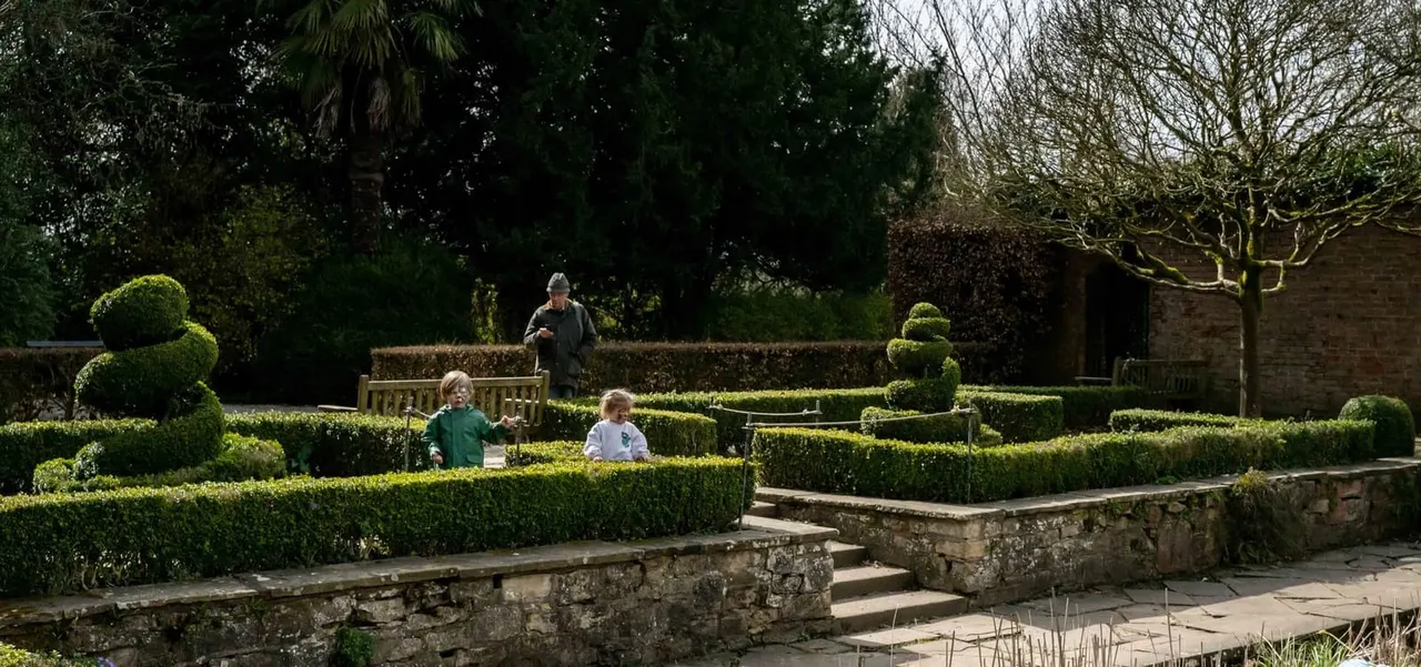 Two children walking through a formal hedge maze in a country garden with an adult supervising.