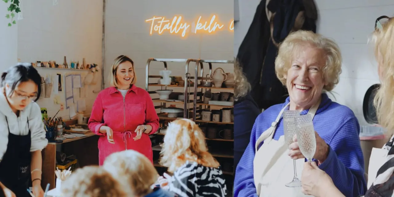 This is a designed graphic — a collage of testimonial or promotional images. It contains overlaid neon text reading "totally kiln it" and shows people in a pottery studio setting.

GRAPHIC