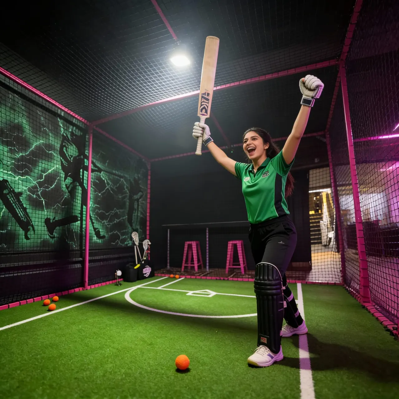 Woman in green shirt celebrates with cricket bat raised in an indoor cricket batting cage with neon pink netting and artificial turf.