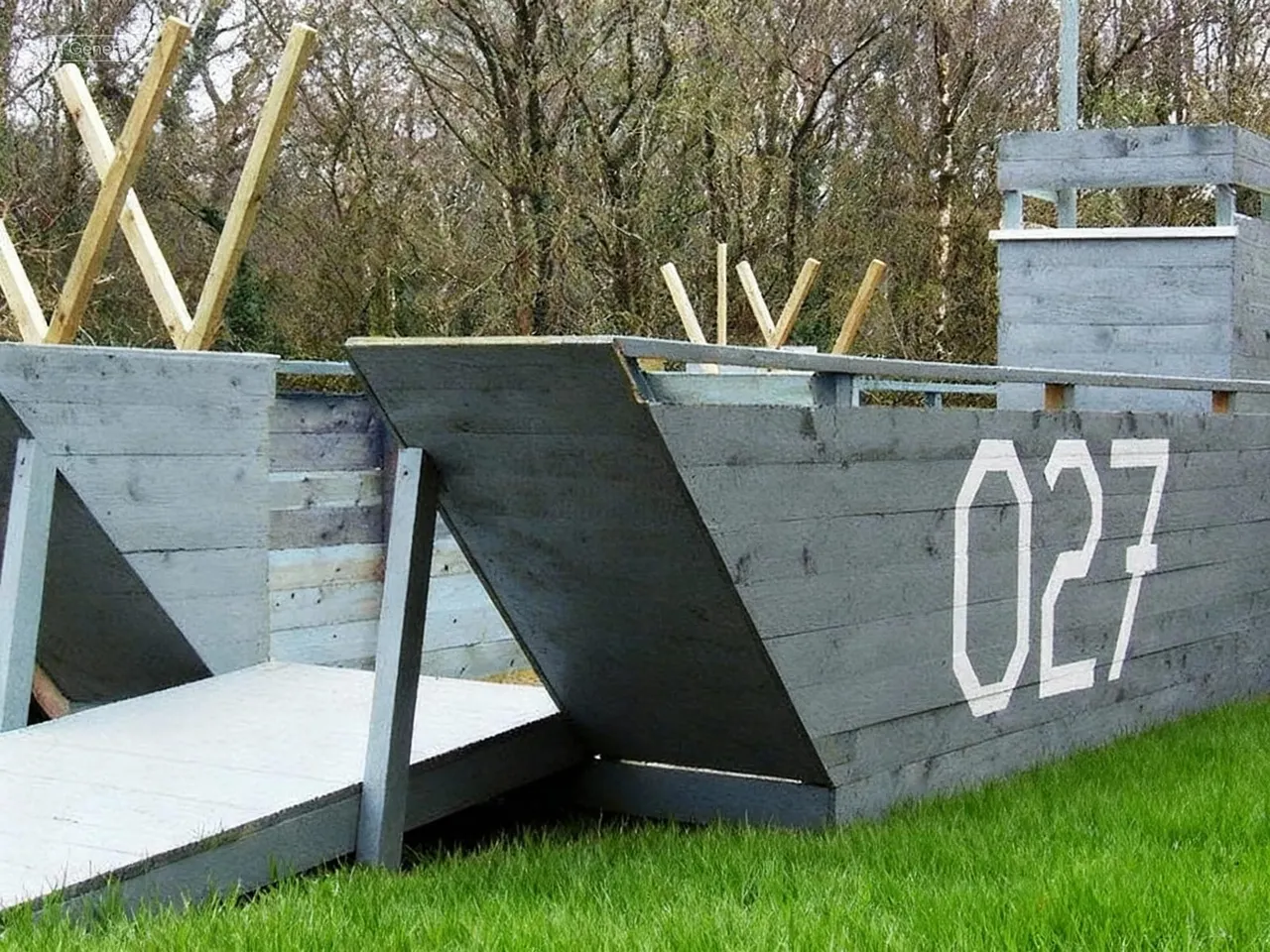 Outdoor paintball obstacle course with numbered wooden bunkers and barriers in a grassy field.