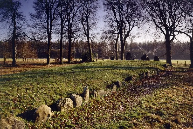 Stone burial mound with ditches beneath tall bare trees in a grassy parkland setting.