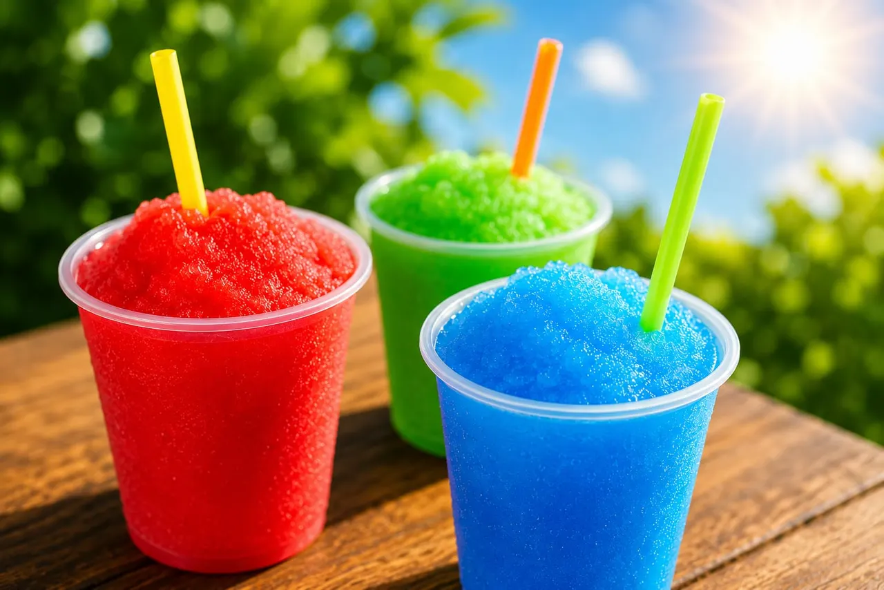 Three colourful slushies in plastic cups with straws on a wooden table outdoors, with green foliage and blue sky behind.