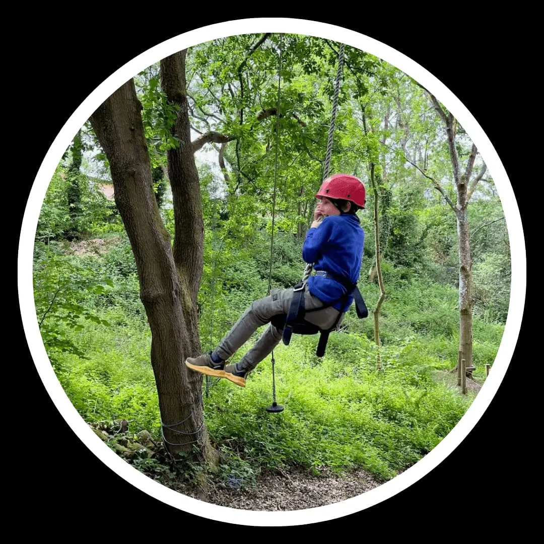 A person in a red helmet and blue jacket abseils down a rope between trees in a woodland setting.