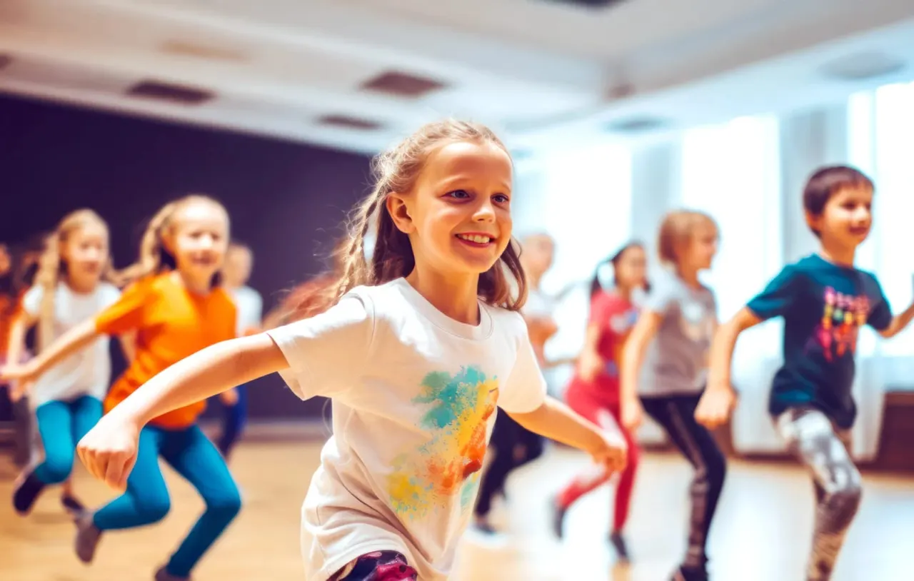 A smiling girl in a white t-shirt runs indoors with other children during a group activity session.