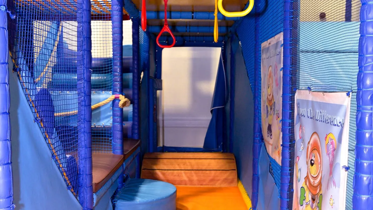 Interior of a children's play structure with blue netting, coloured rings and ropes, and character artwork on the walls.