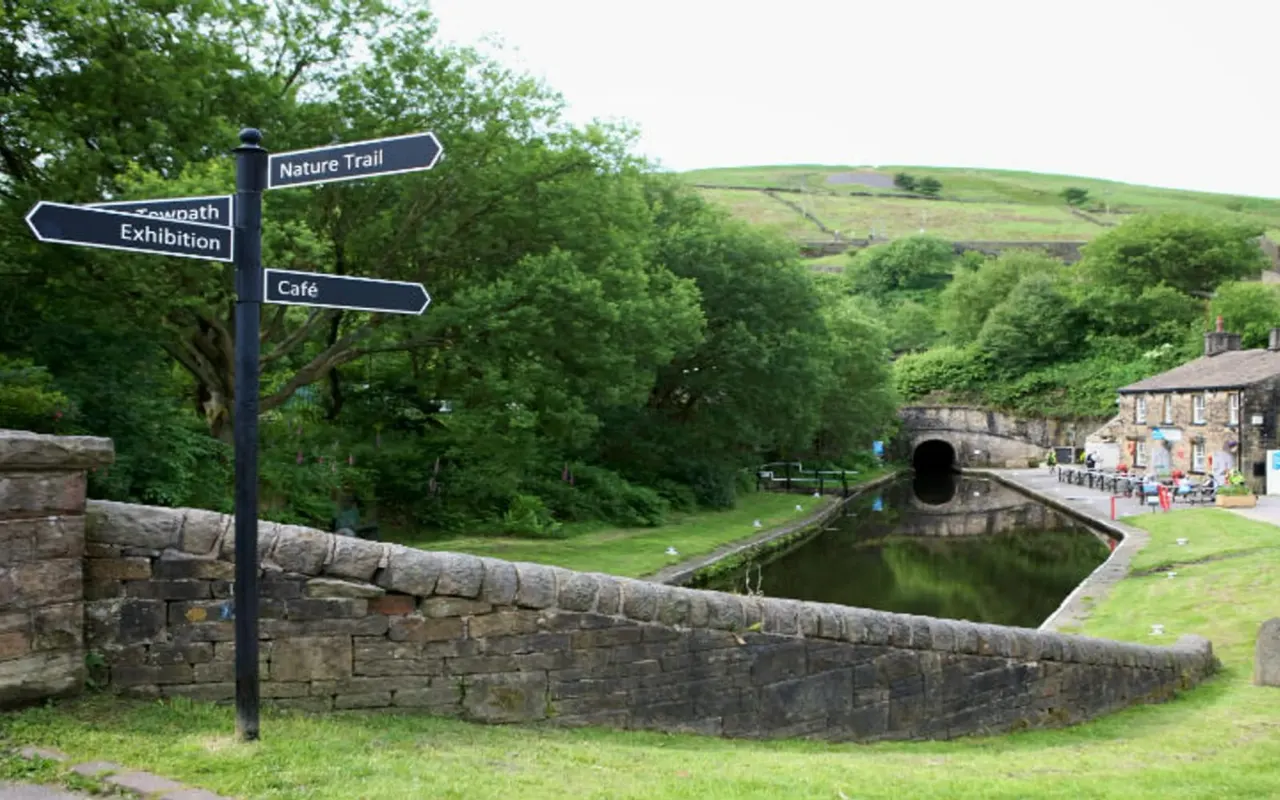 Directional signpost at a canal visitor centre with a stone tunnel entrance, waterway, and rolling hillside beyond.